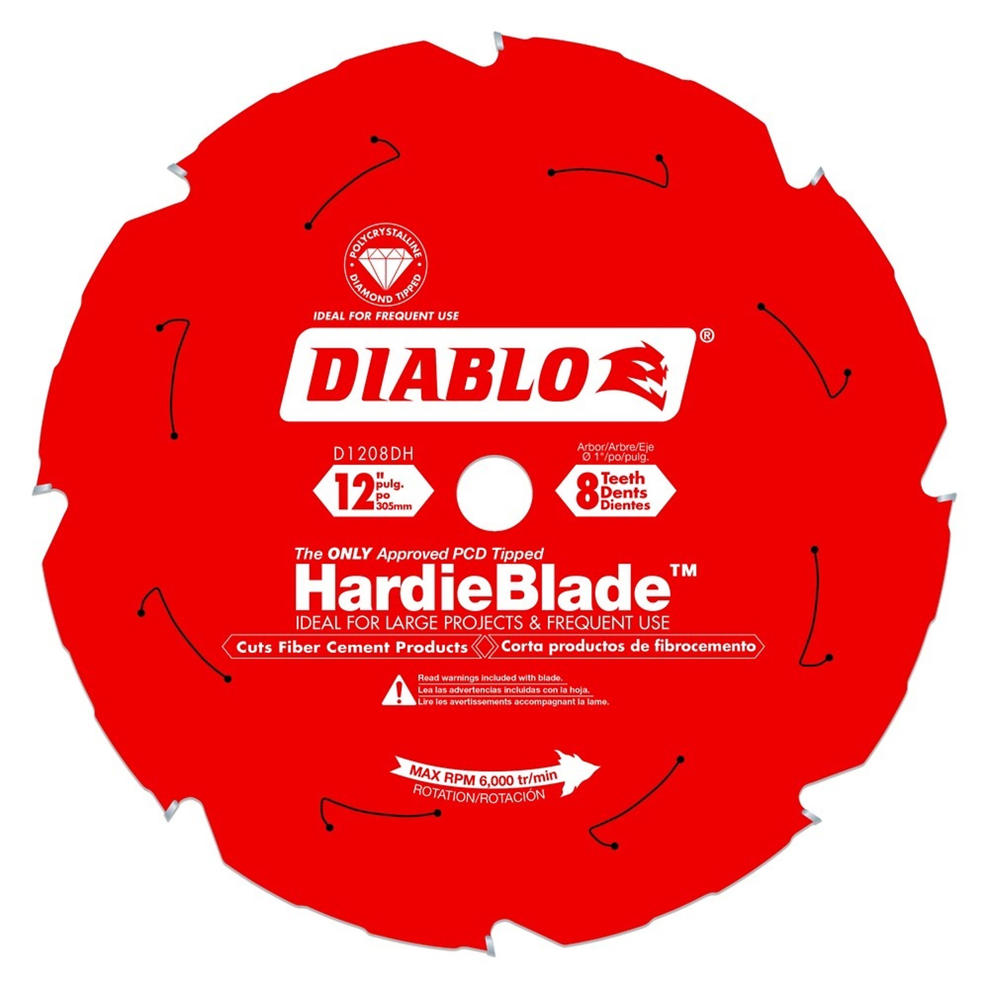 Diablo, 12 x 8 Fiber Cement Saw Blade, Blade Diameter 12 in, Teeth Per Inch 8 TPI, Included (qty.) 1, Model# D1208DH